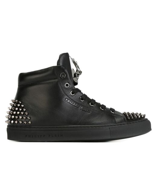 Philipp Plein Black Spike-Studded Leather High-Top Sneakers for men