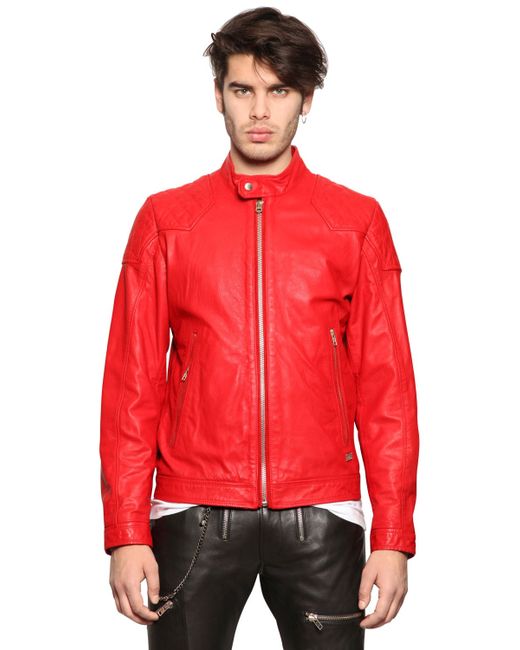 DIESEL Red Leather Moto Jacket for men