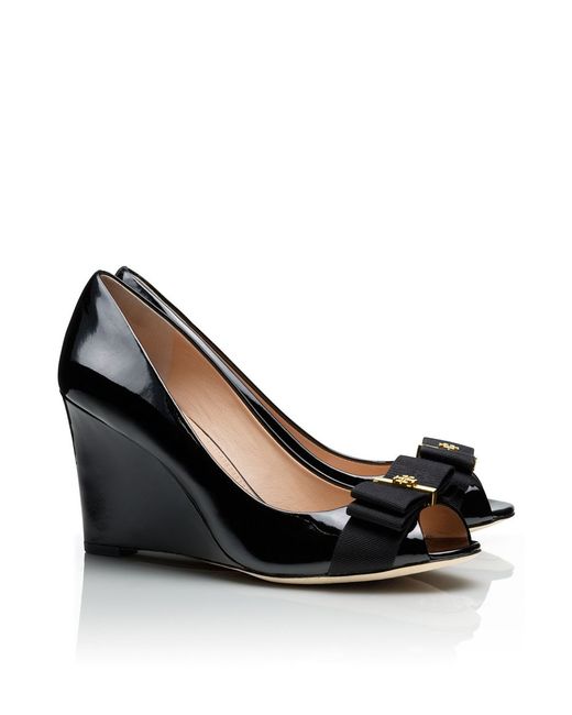 Tory Burch Trudy Patent Open-Toe High Wedge in Black | Lyst
