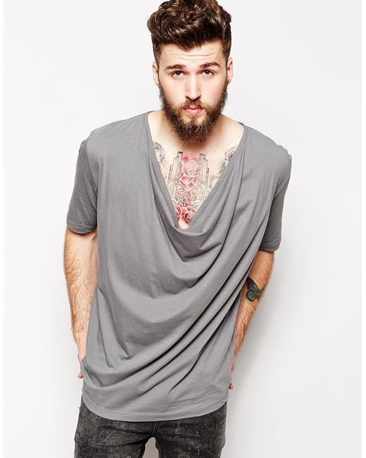 ASOS Gray T-Shirt With Draped Cowl Neck for men