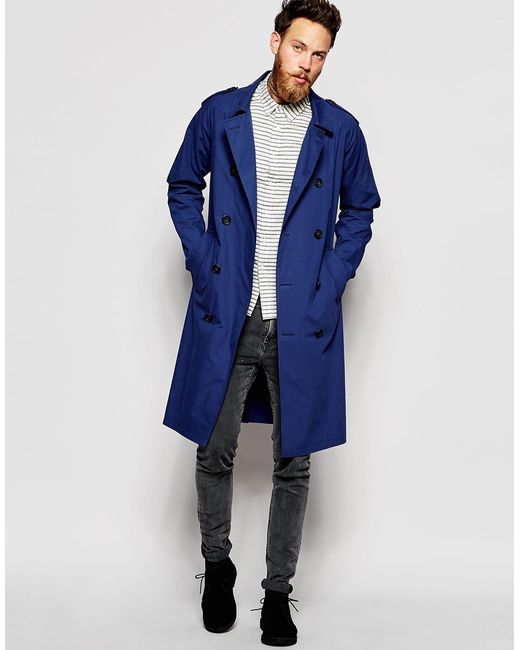 ASOS Trench Coat in Blue for Men | Lyst Canada