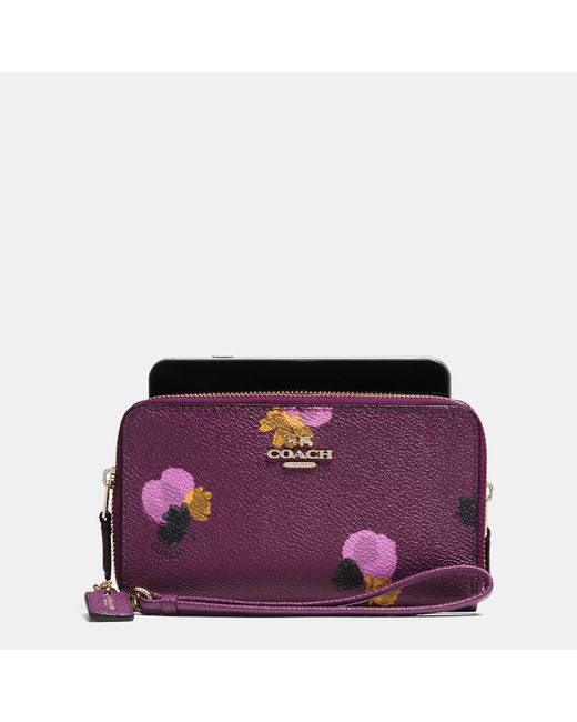 COACH Purple Double Zip Phone Wallet In Floral Print Coated Canvas