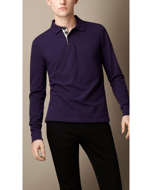 Burberry Long Sleeve Polo Shirt in Purple for Men | Lyst