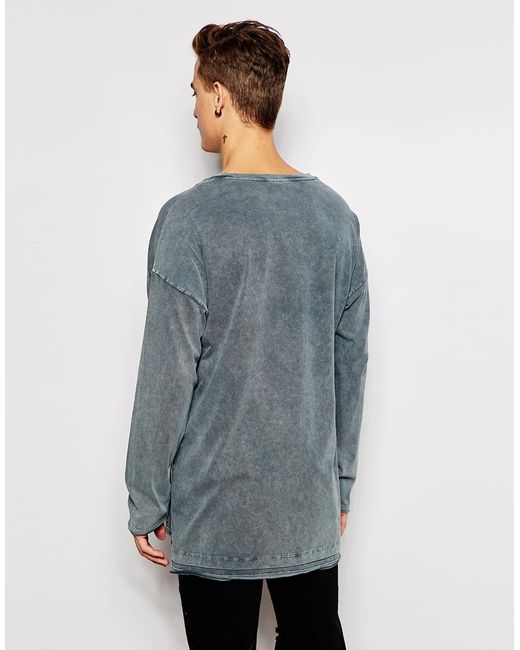 ASOS Gray Oversized Long Sleeve T-shirt With Stepped Hem And Acid Wash for men