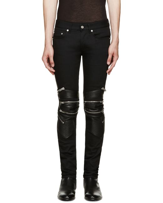 Saint Laurent Black Denim & Leather Biker Jeans for men