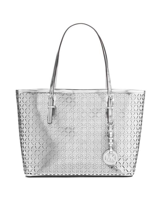 Michael Kors Michael Mk Flower Perforated Small Travel Tote in Silver  (Metallic) | Lyst