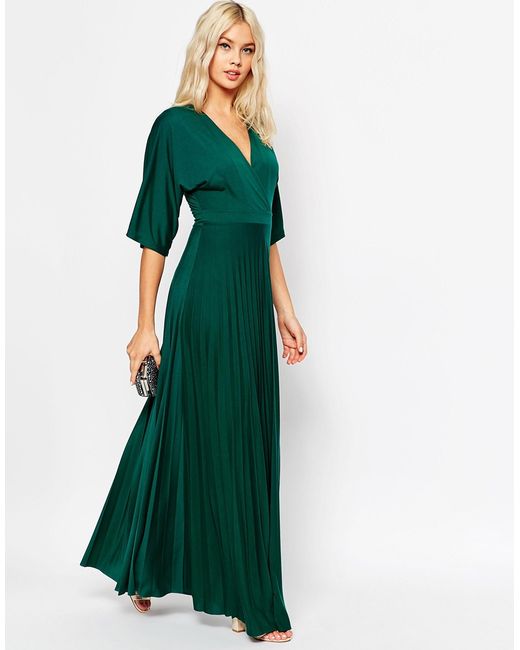 ASOS Maxi Dress With Pleated Hem And Kimono Sleeve in Green | Lyst