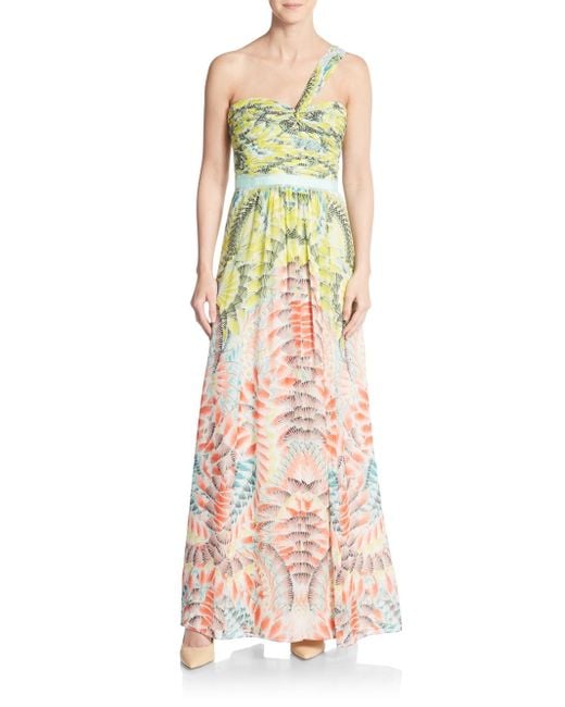 BCBGMAXAZRIA Green Inga One-shoulder Printed Silk Maxi Dress