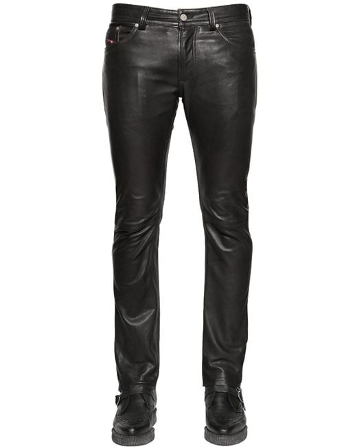DIESEL Black 18cm Thavar Slim Fit Nappa Leather Pants for men