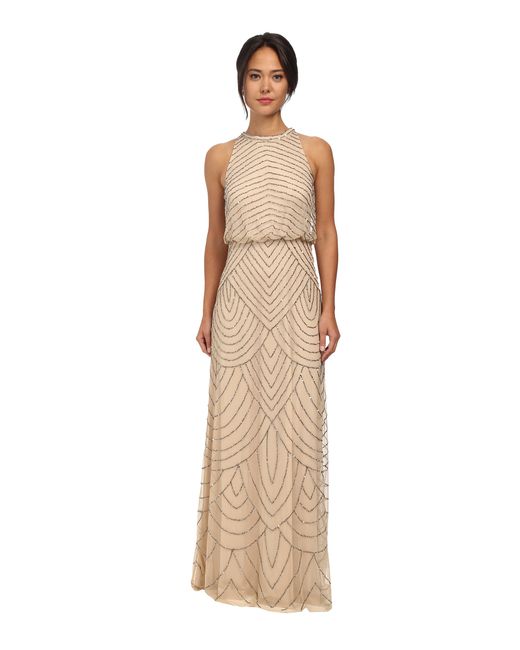 Adrianna Papell Natural Beaded Halter Gown