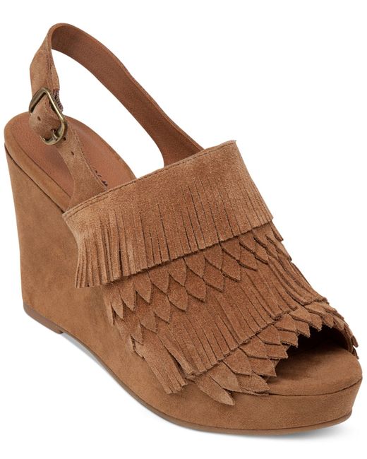 Lucky Brand Jeena Fringe Platform Wedge Sandals in Natural | Lyst
