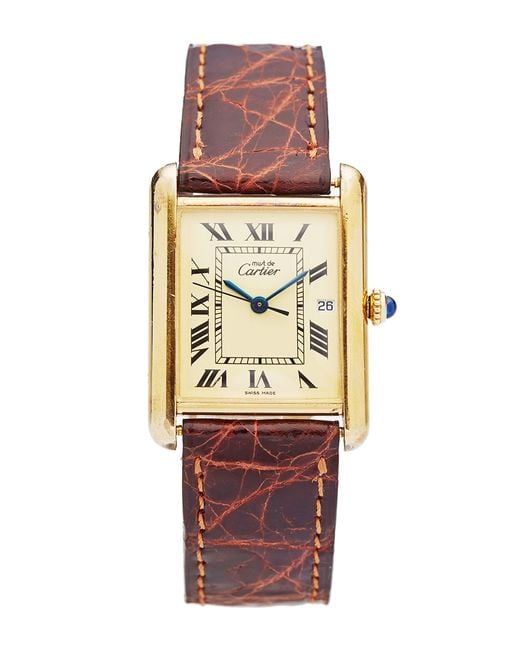 Portero Vintage Cartier Must De Cartier Silver Gold Plated Tank Watch On A  Brown Leather Strap From | Lyst