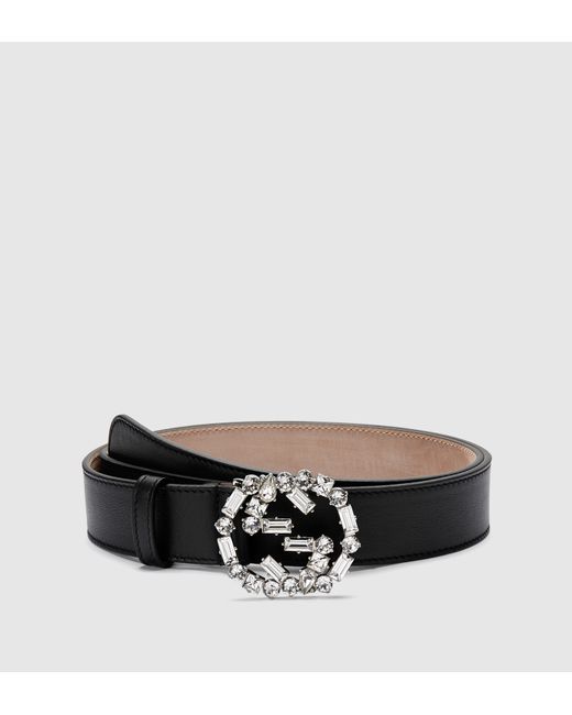 Gucci Black Leather Belt With Crystal Interlocking G Buckle