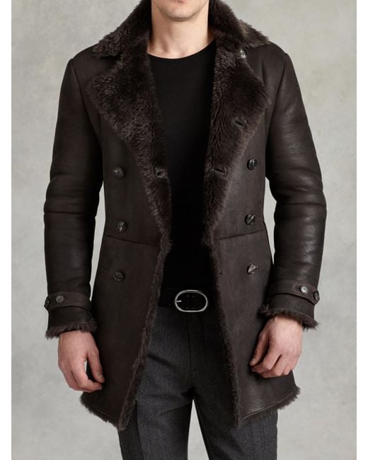 John Varvatos Brown Double Breasted Shearling Coat for men
