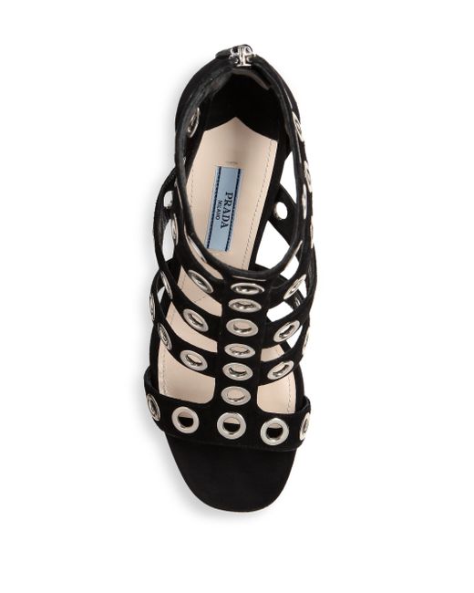 Prada Grommetembellished Suede Sandal in Black Save 37 Lyst