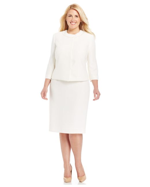 Tahari White Plus Size Pearl-Embellished Skirt Suit
