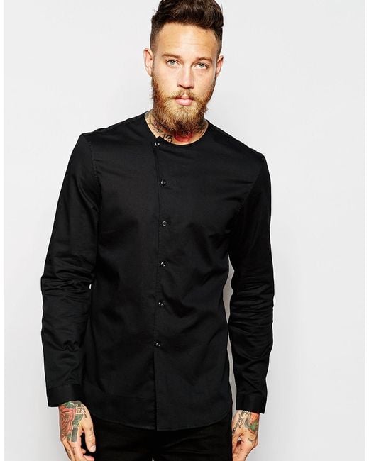ASOS Black Collarless Shirt With Asymmetrical Placket for men