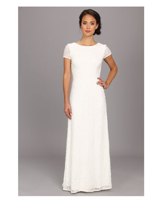 Adrianna Papell White Cap Sleeve Scoop Back Beaded Down Dress