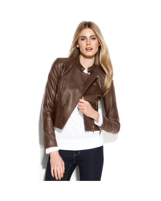 Michael Kors Brown Cropped Leather Moto Jacket