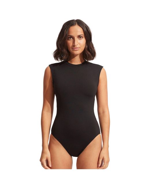 Seafolly Black Active Cap Sleeve Maillot One Piece Swimsuit