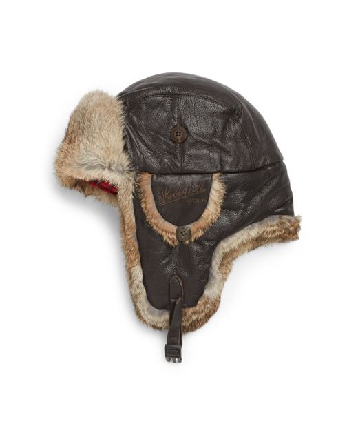 Woolrich Brown Lambskin Leather & Rabbit Fur Trapper Hat for men