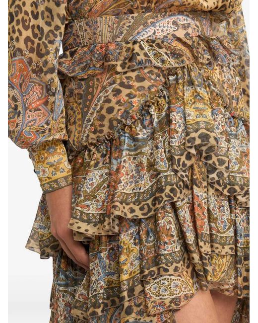 Etro Brown Paisley-Printed Asymmetric Ruffled Skirt