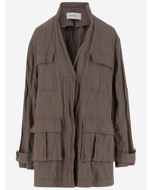 Ferragamo Cotton Ruched Effect Jacket in het Brown