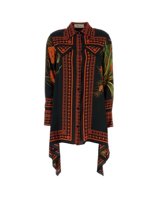 Blumarine Brown Printed Twill Shirt Dress