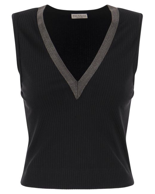 Stretch Cotton Rib Jersey Top con colletto luccicante di Brunello Cucinelli in Black