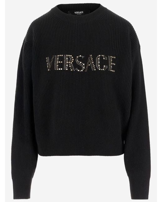 Versace Geribbelde Wollen Trui Met Studs in het Black