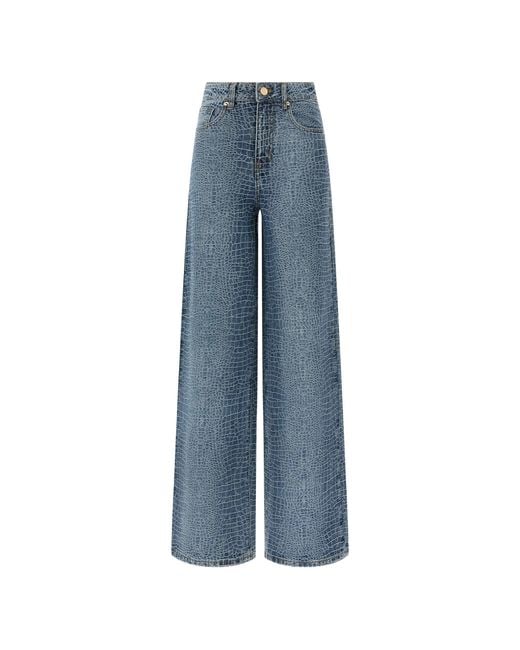Self-Portrait Blue Rhinestone Croc Effect Wide Leg Jeans