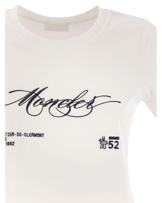 Moncler White Cotton T Shirt With Embroidered Cursive Logo
