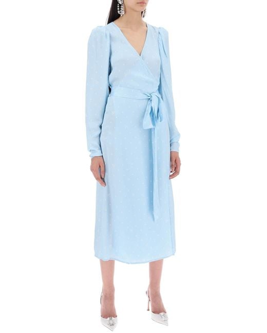 ROTATE BIRGER CHRISTENSEN Blue Drehen Sie Polka Dot Midi Wrap -Kleid mit Taschen