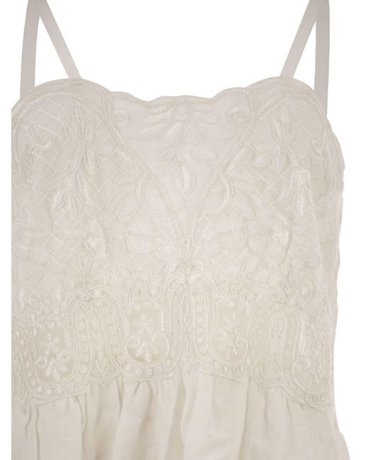 Maurizio Mykonos White Long Linen Dress With Embroidered Bodice And Slim Straps