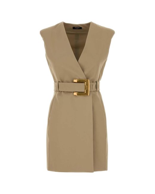 Balmain Natural Sl Belted Gabardine Short Dress