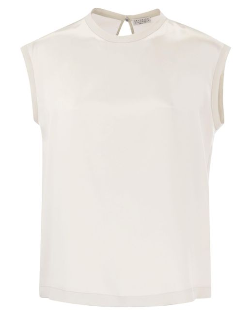 Brunello Cucinelli White Silk T -Shirt mit Monili -Details