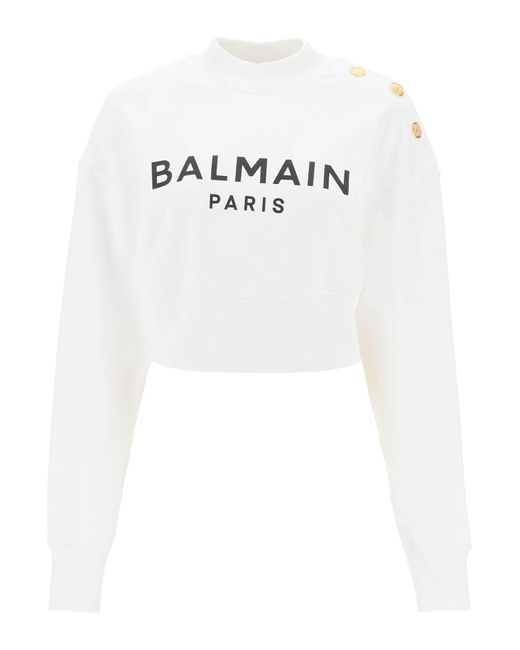 Balmain Beschnittenes Sweatshirt Mit Logo -druck Und Knöpfen in het White