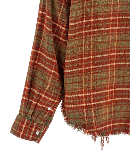 R13 Brown Cropped Check Print Cotton Shirt With Fringed Asym