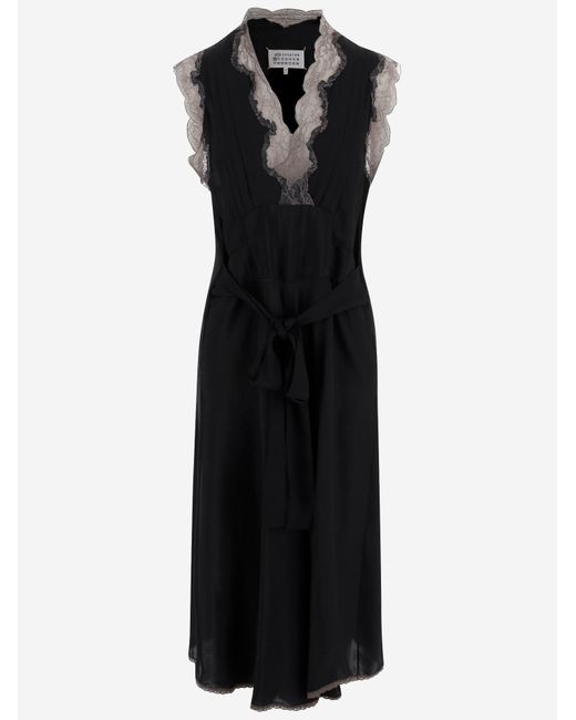 Maison Margiela Black Silk Dress With Lace Inserts