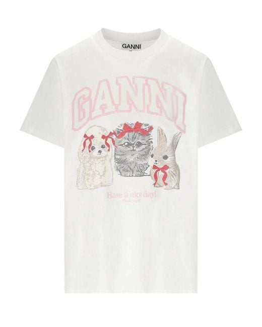 Ganni White Animals Basic T-Shirt