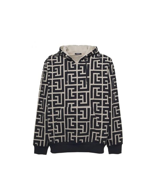 Balmain Black Monogram-print Hoodie for men