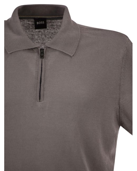 Boss Gray Linen And Viscose Polo Shirt With Zip And Contrast Trims