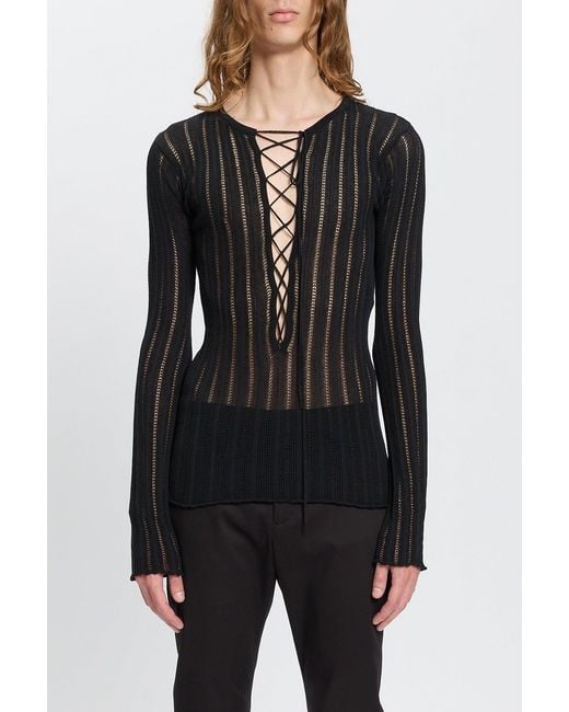 Ann Demeulemeester Black Kell Open Rib Laced Up Serafino Knit Top