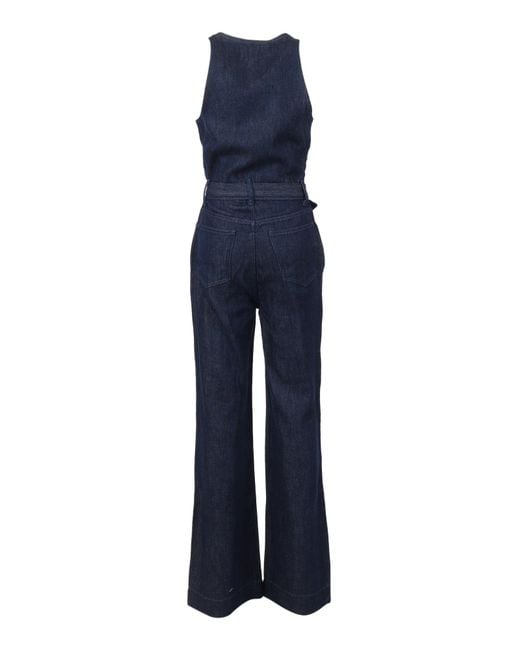 7 For All Mankind Blue Dark Wide Leg Tailored Jumpsuit Dark Rinse With Self Belt