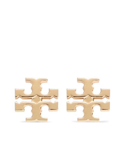 Tory Burch Gold Tone Logo Gegraveerde Stud Oorbellen in het Natural