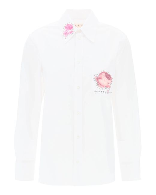 Camisa "con estampado de flores y logotipo bordado Marni de color White