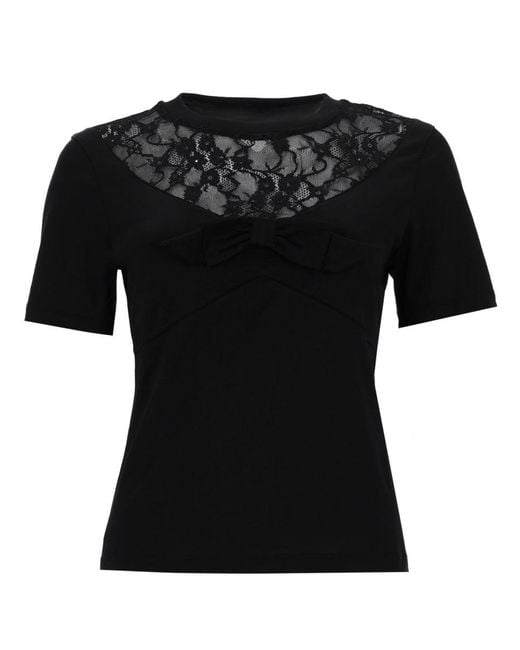 Nina Ricci Black Bow Lace-Inserts Short-Sleeves T-Shirt