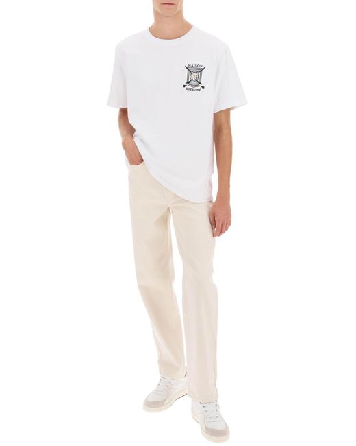 Camiseta bordada con zorro universitario de Maison Kitsuné de hombre de color White
