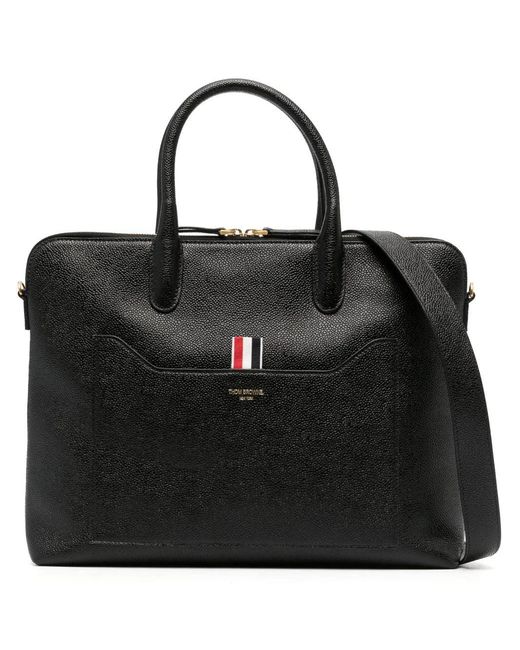 Thom Browne Black Schmale Aktentasche aus genarbtem Leder