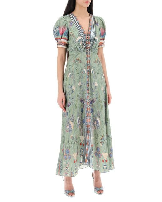 Saloni Green 'Lea' langes Kleid in gedruckter Seide